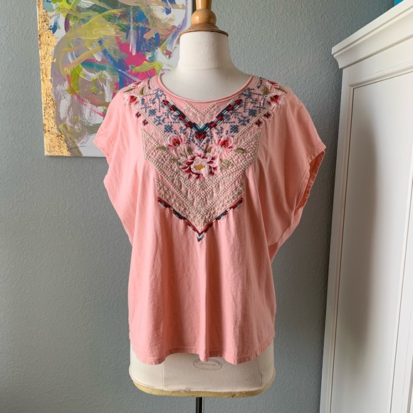 Johnny Was Peach Coral Embroidered Tee Shirt